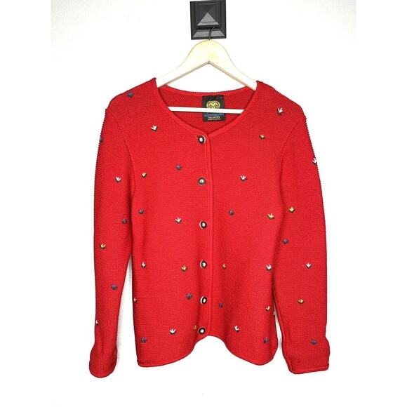 Lanamoden Salzburg Red Floral Embroidery Wool Chunky Knit Cardigan Sweater - Picture 1 of 3